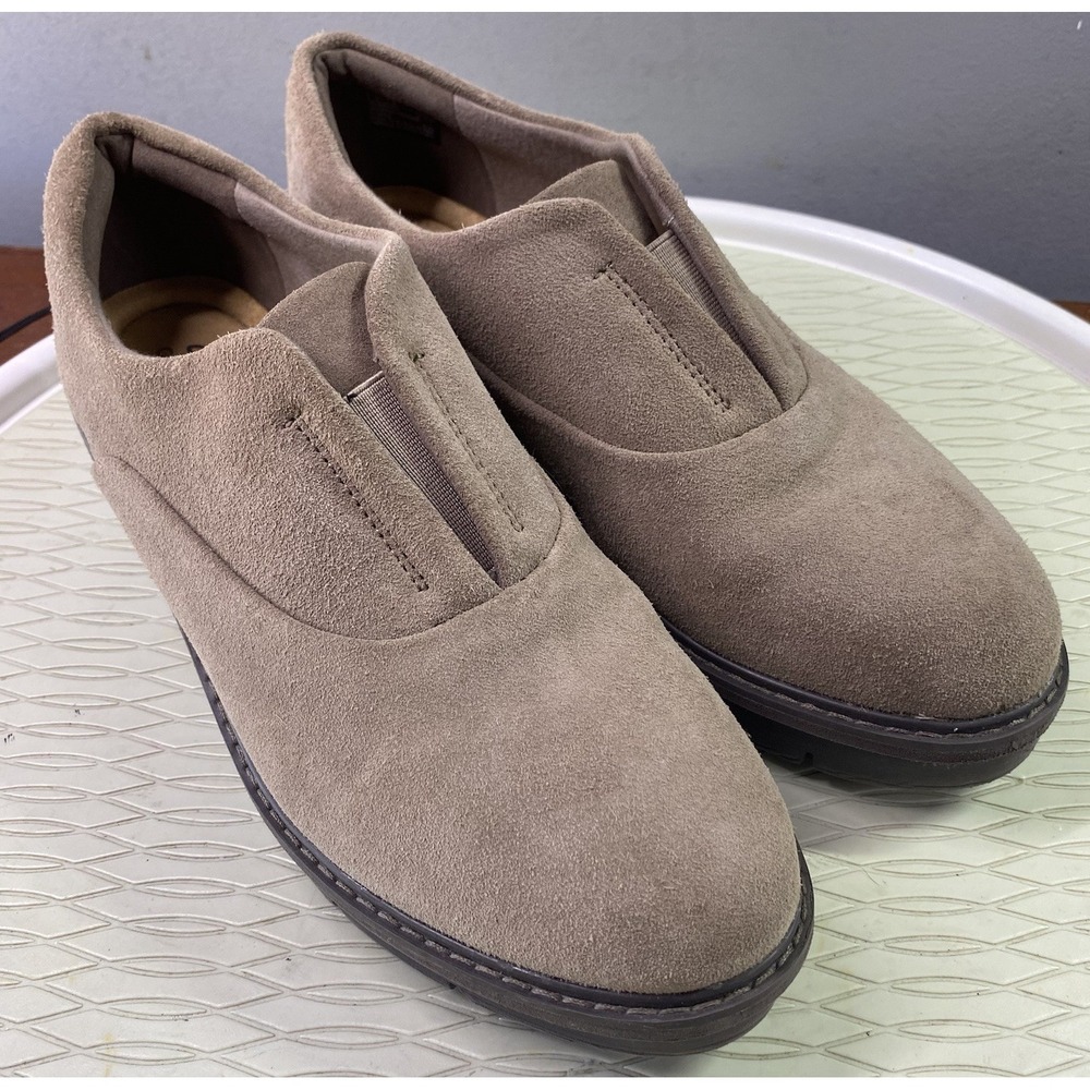 Clarks Airabell Sky Womens Wedge Loafers Beige Suede Leather Slip On Shoes 9.5 M